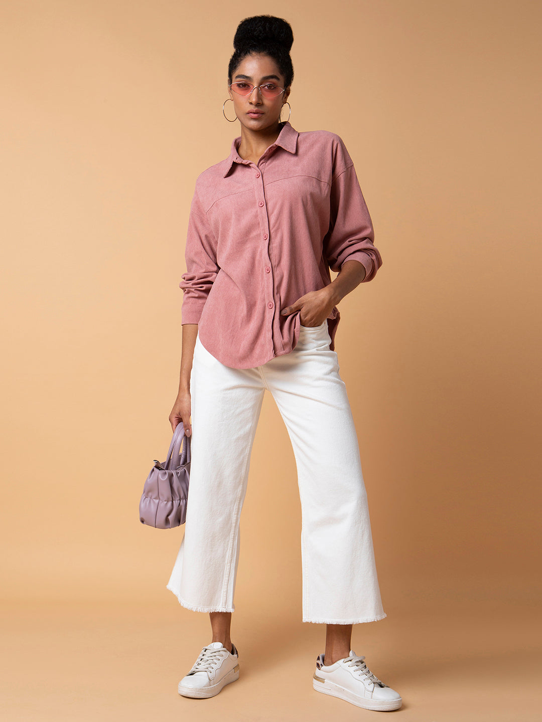 Women Solid Peach Oversized Shirt