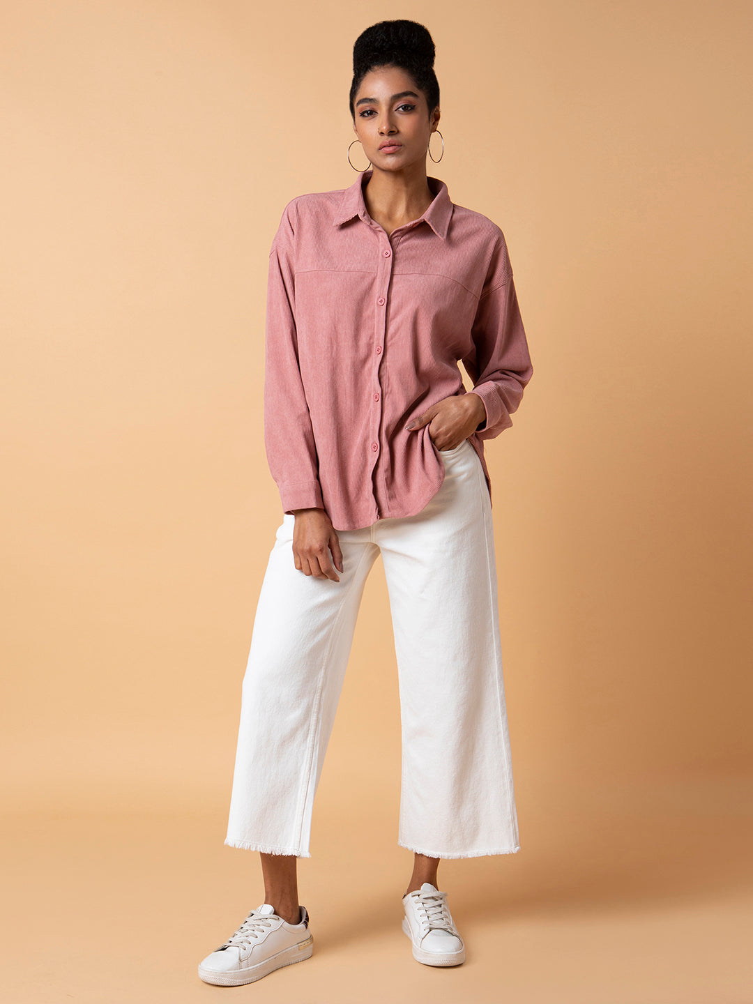 Women Solid Peach Oversized Shirt