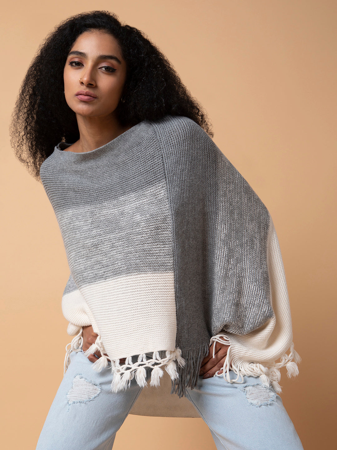 Women Colourblocked Grey Longline Poncho