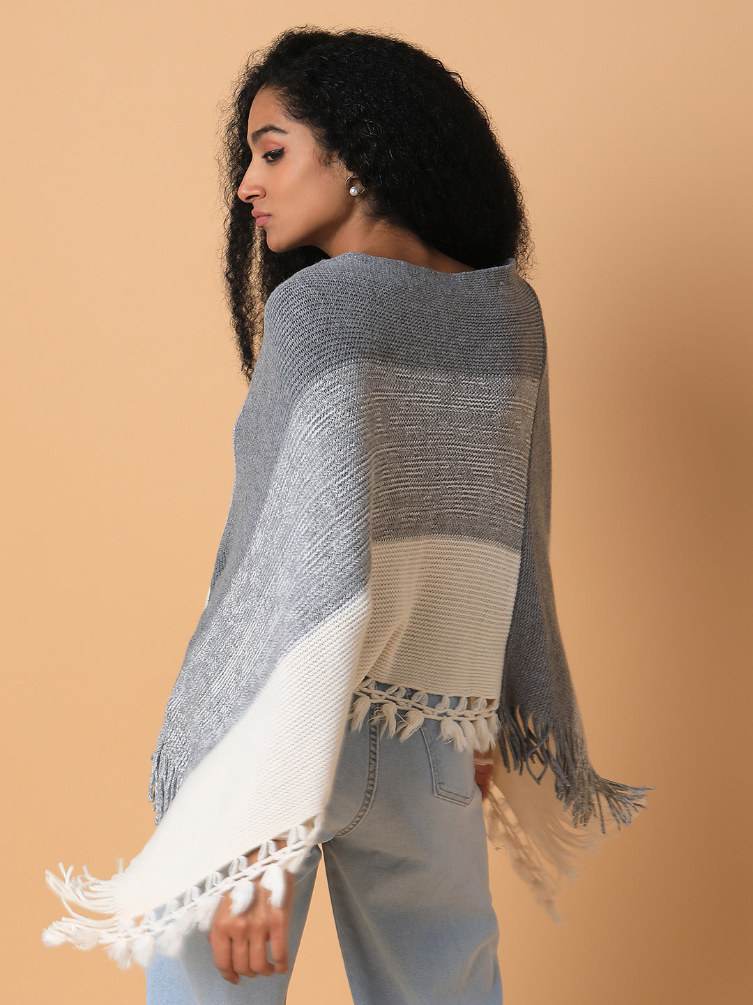 Women Colourblocked Grey Longline Poncho