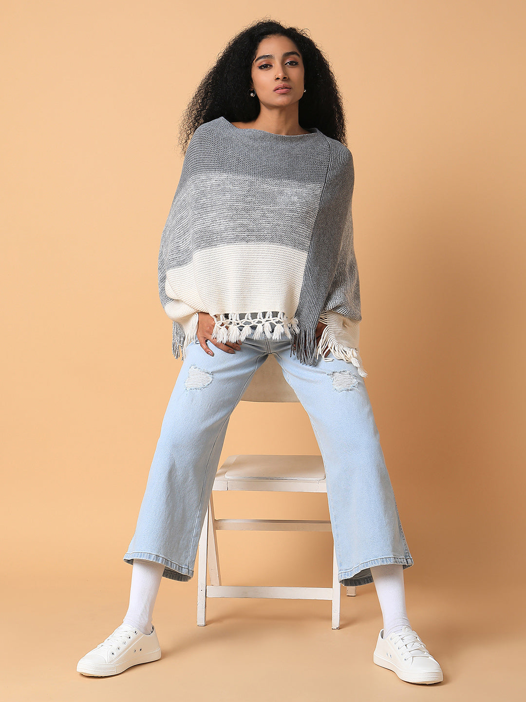 Women Colourblocked Grey Longline Poncho