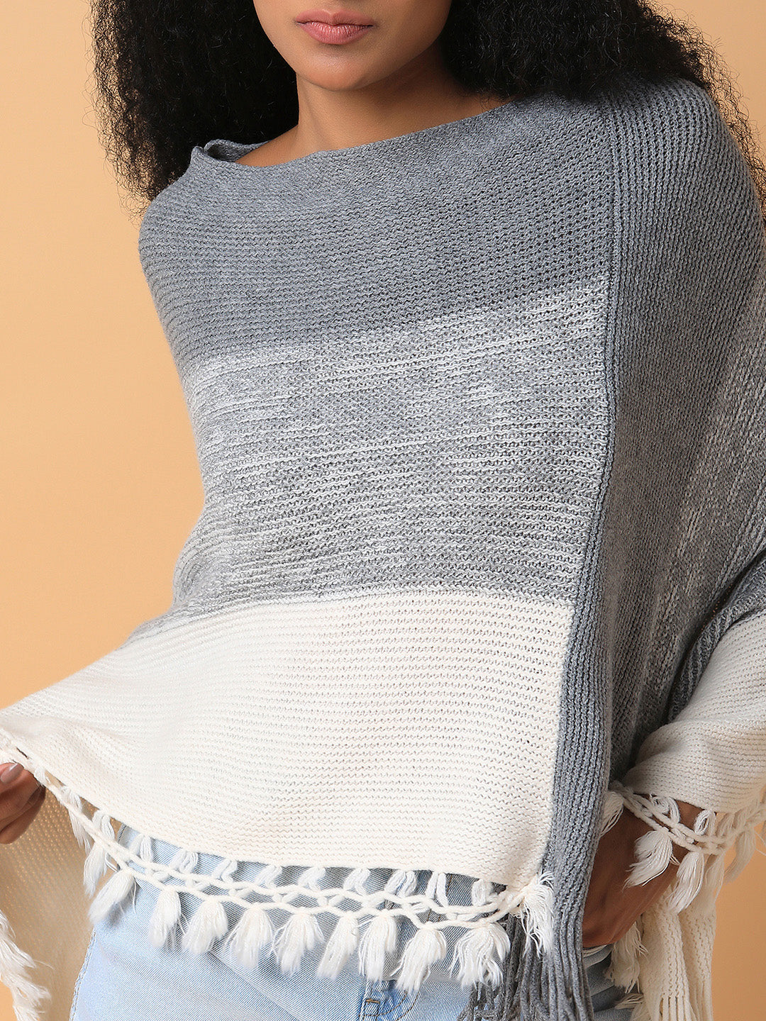 Women Colourblocked Grey Longline Poncho