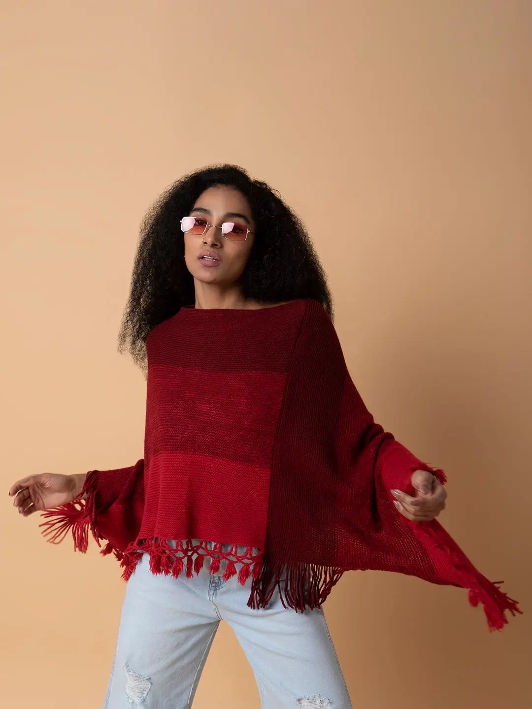 Women's Colourblocked Maroon Longline Poncho