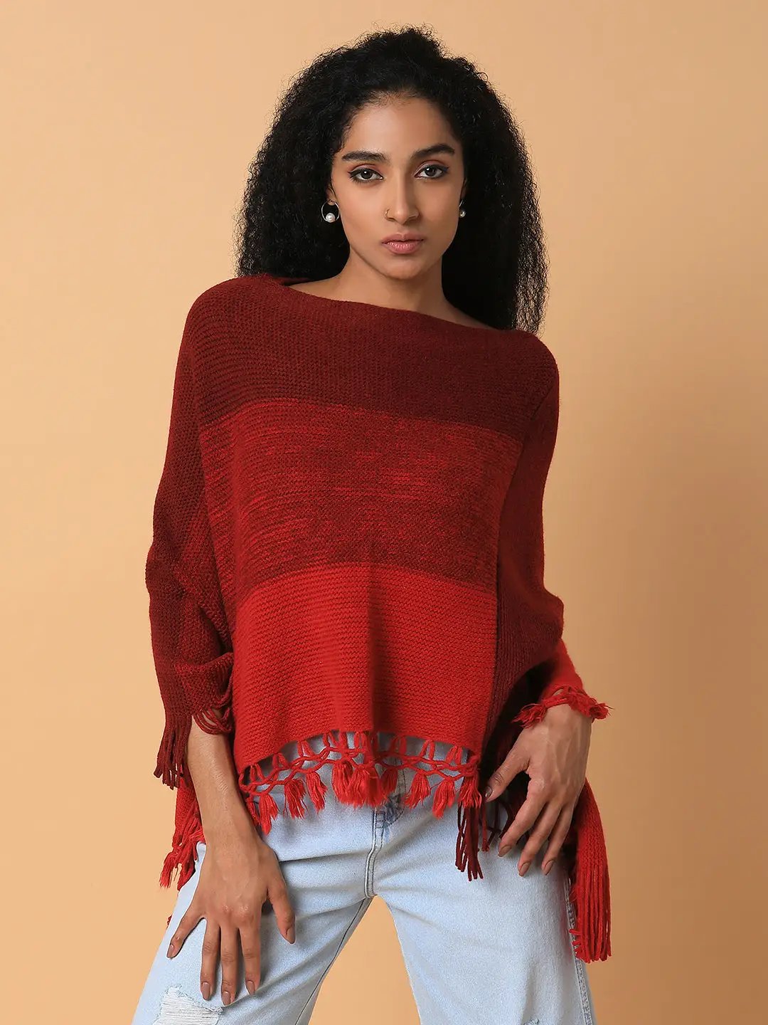 Women's Colourblocked Maroon Longline Poncho