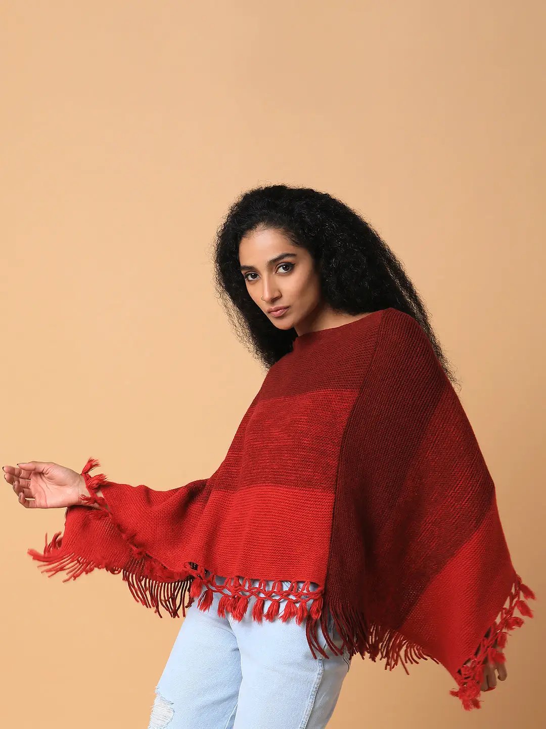 Women's Colourblocked Maroon Longline Poncho