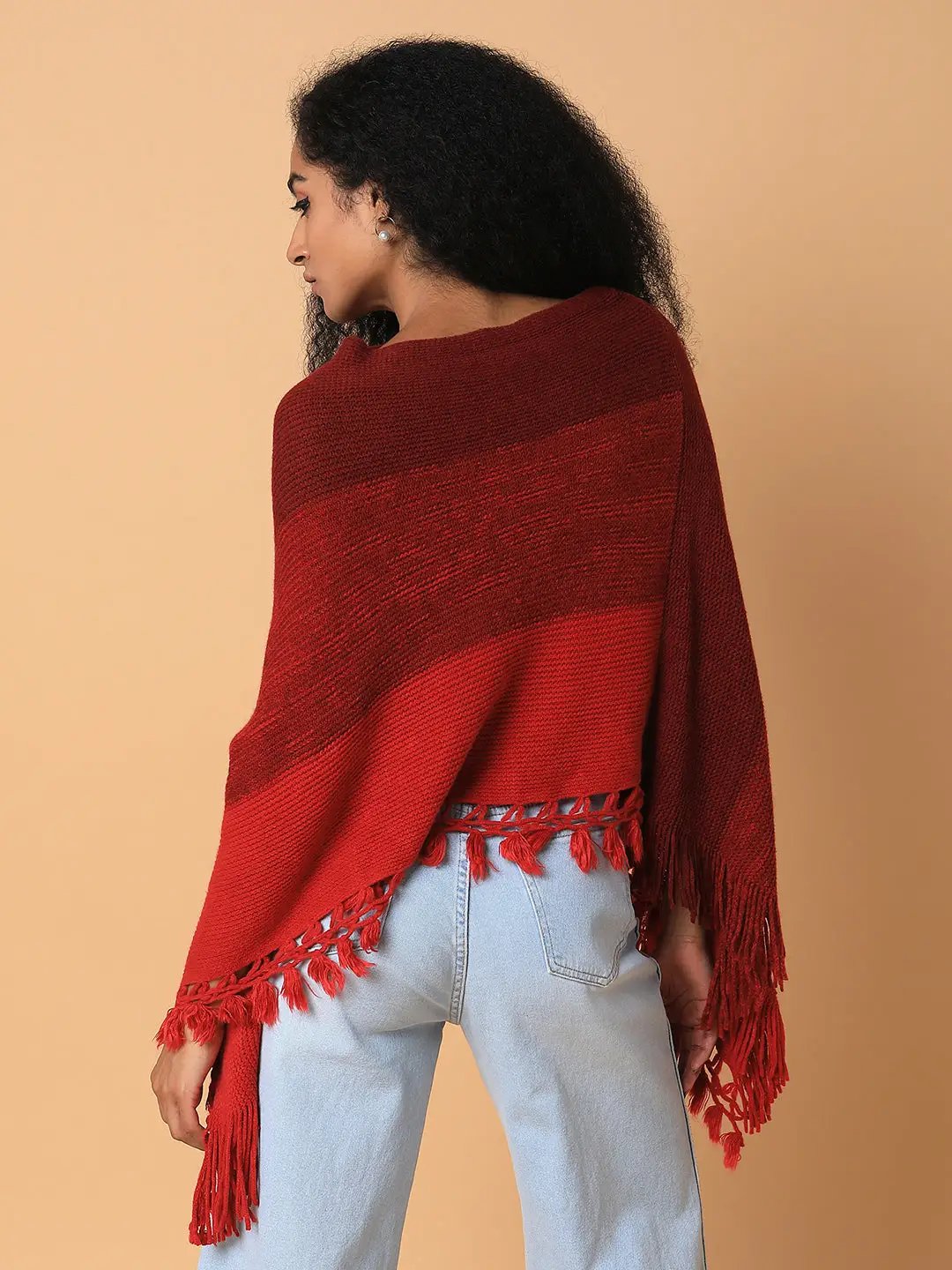 Women's Colourblocked Maroon Longline Poncho