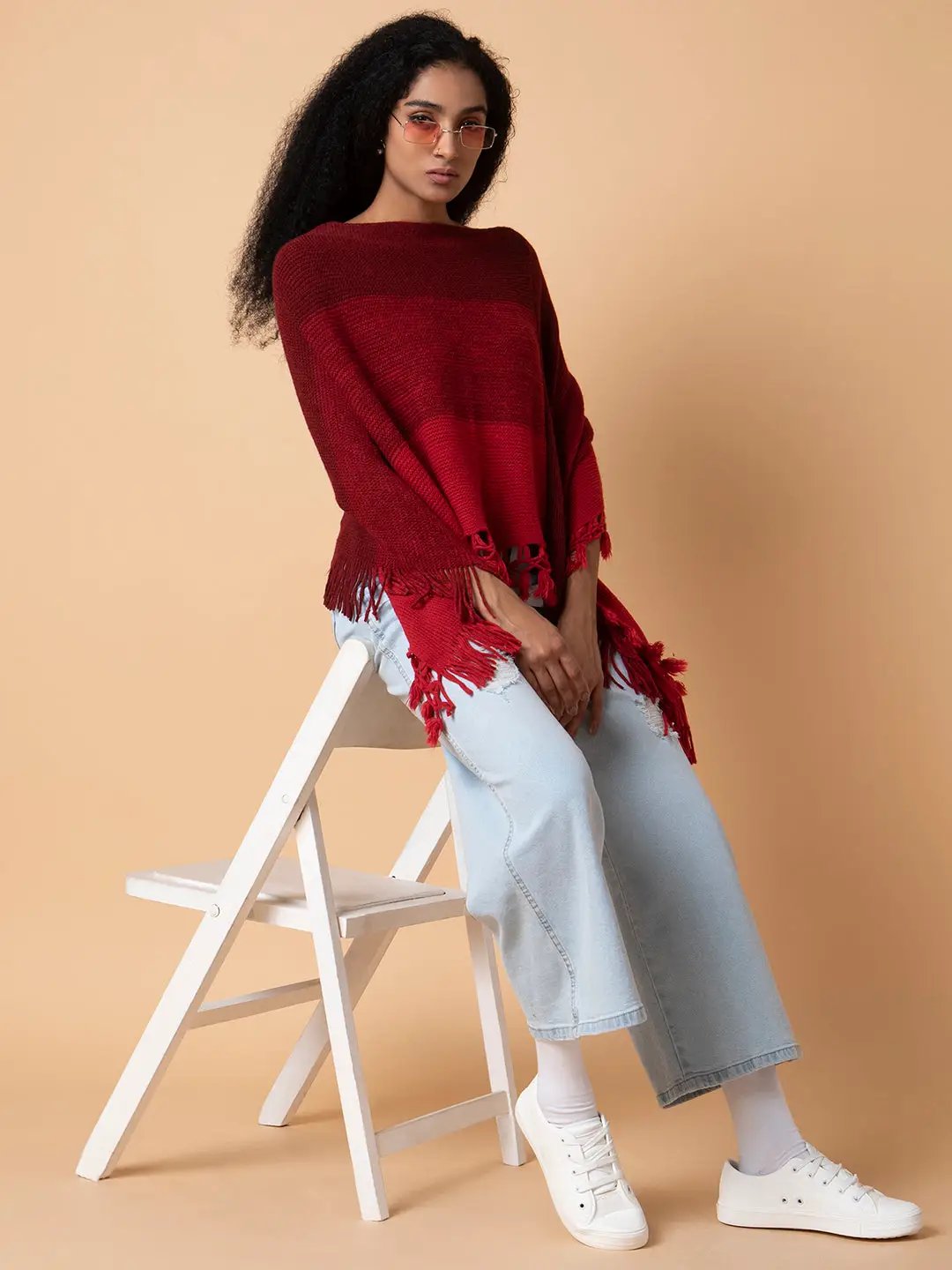 Women's Colourblocked Maroon Longline Poncho