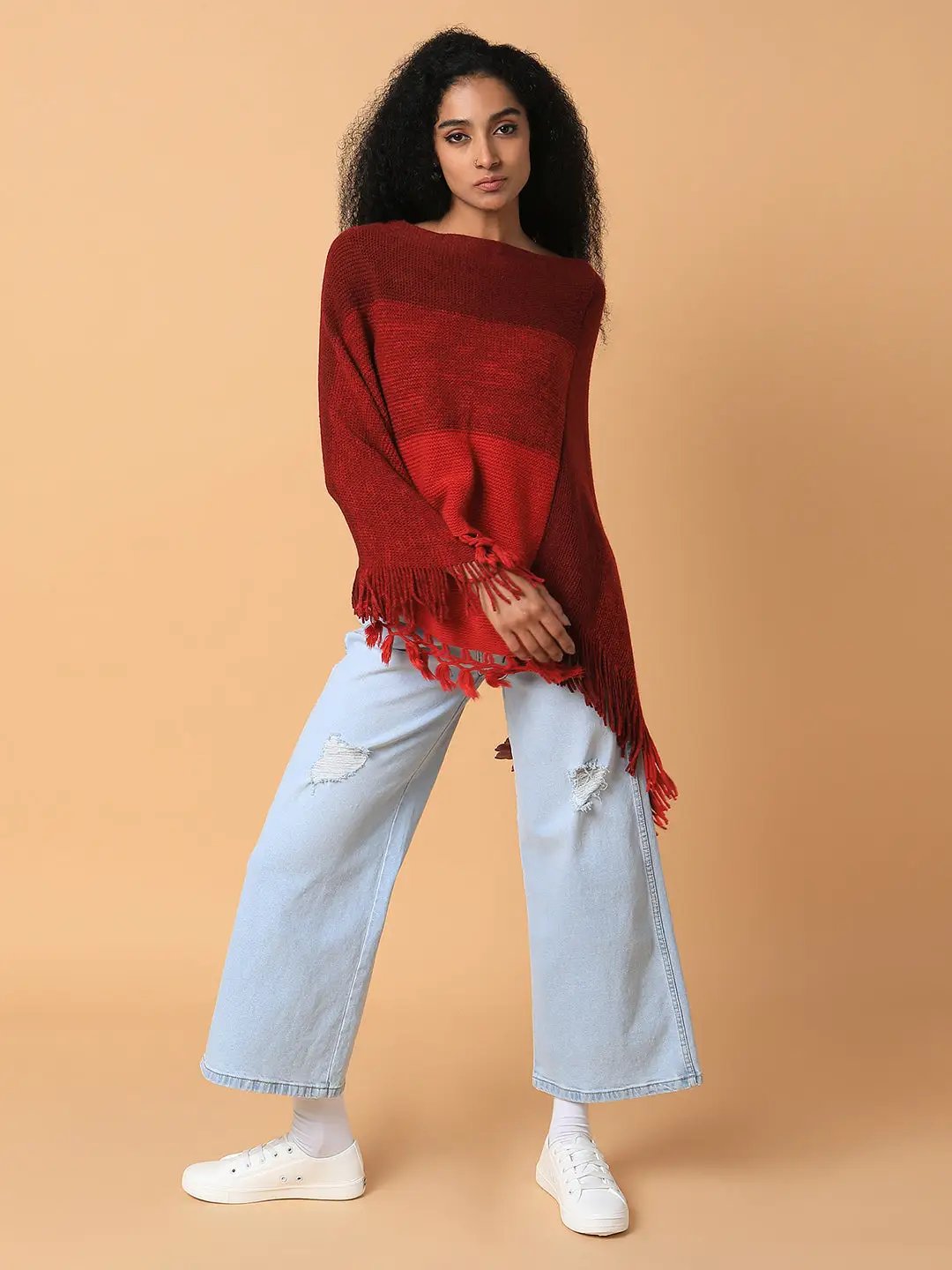 Women's Colourblocked Maroon Longline Poncho