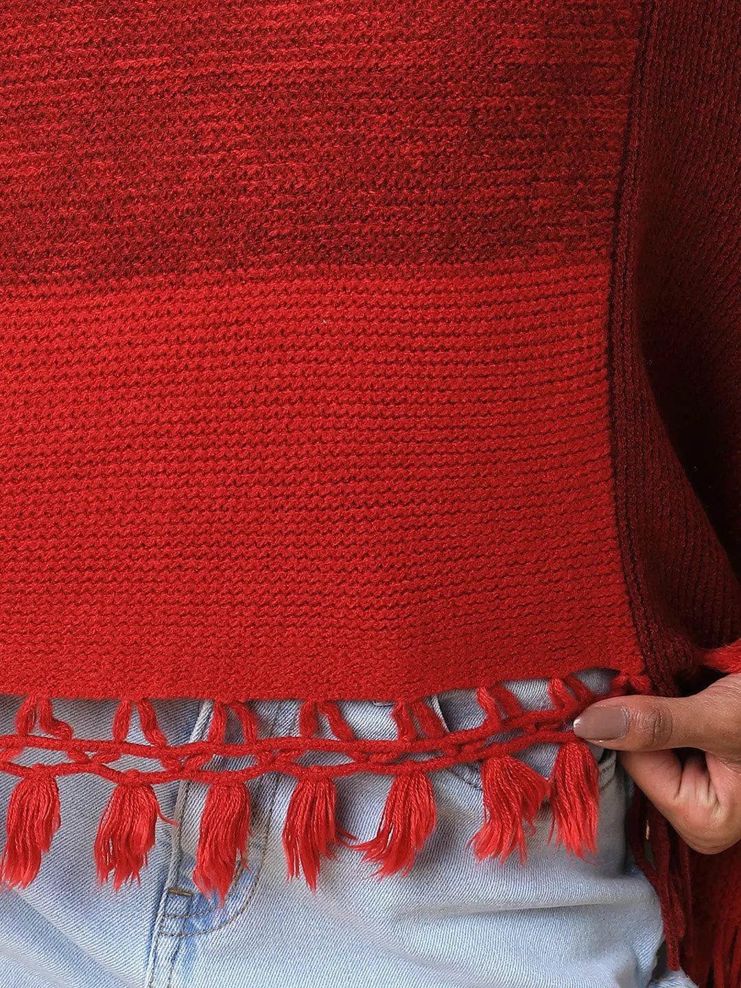 Women's Colourblocked Maroon Longline Poncho