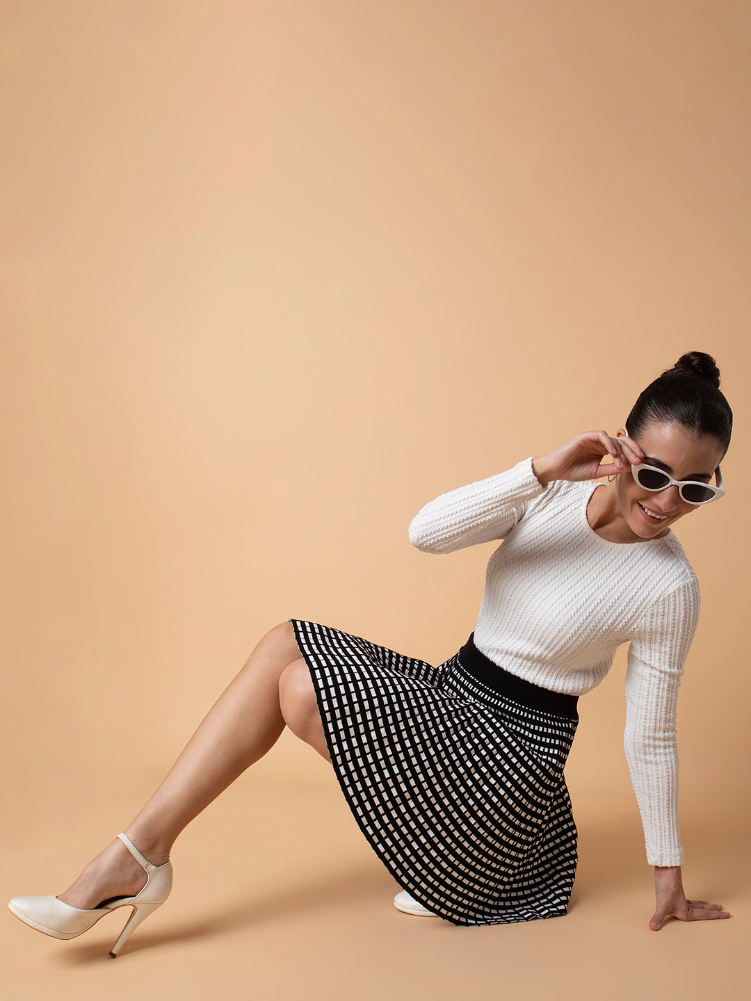 Women's Checked Black Flared Mini Skirt
