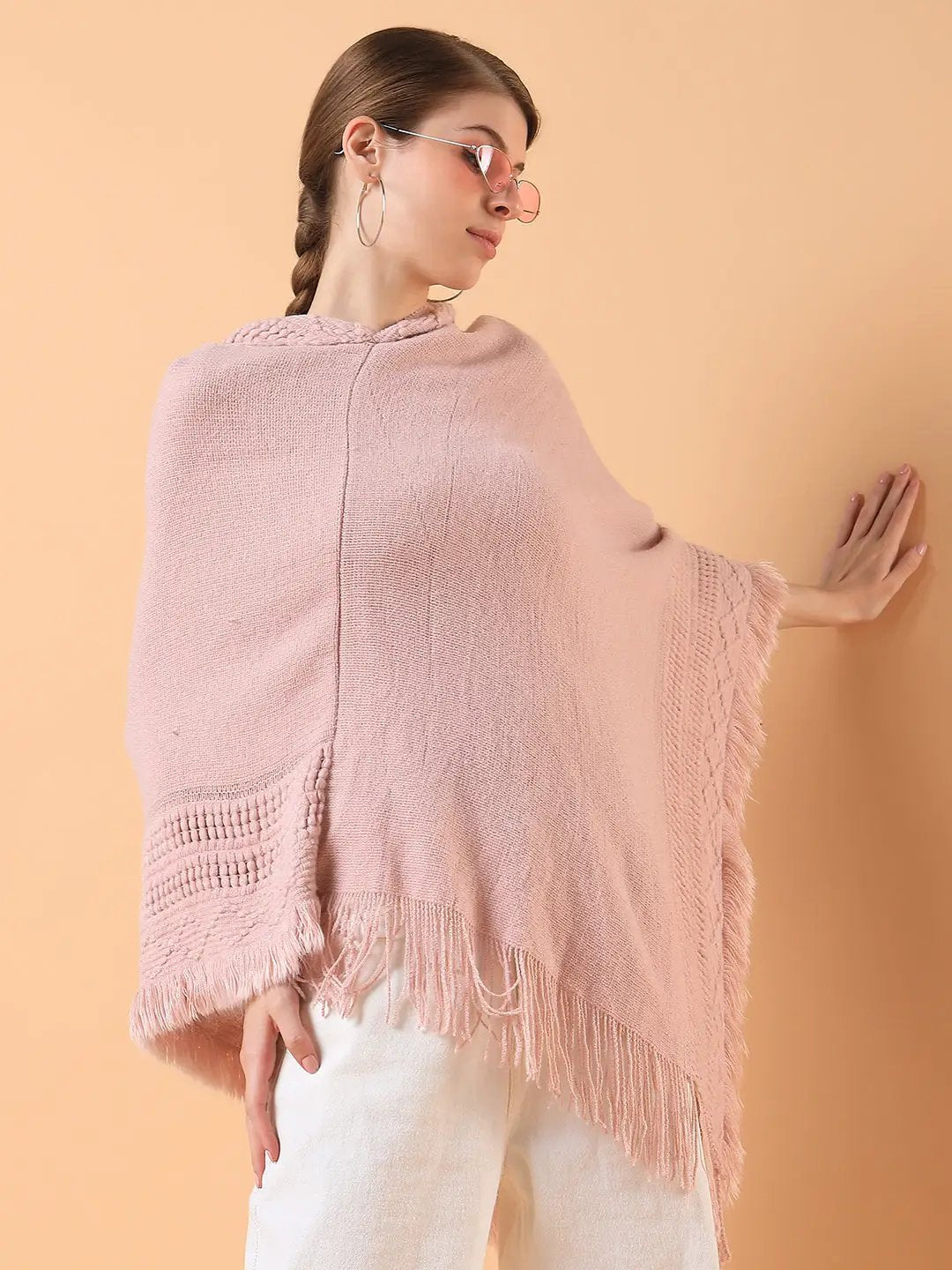 Women's Solid Peach Longline Poncho