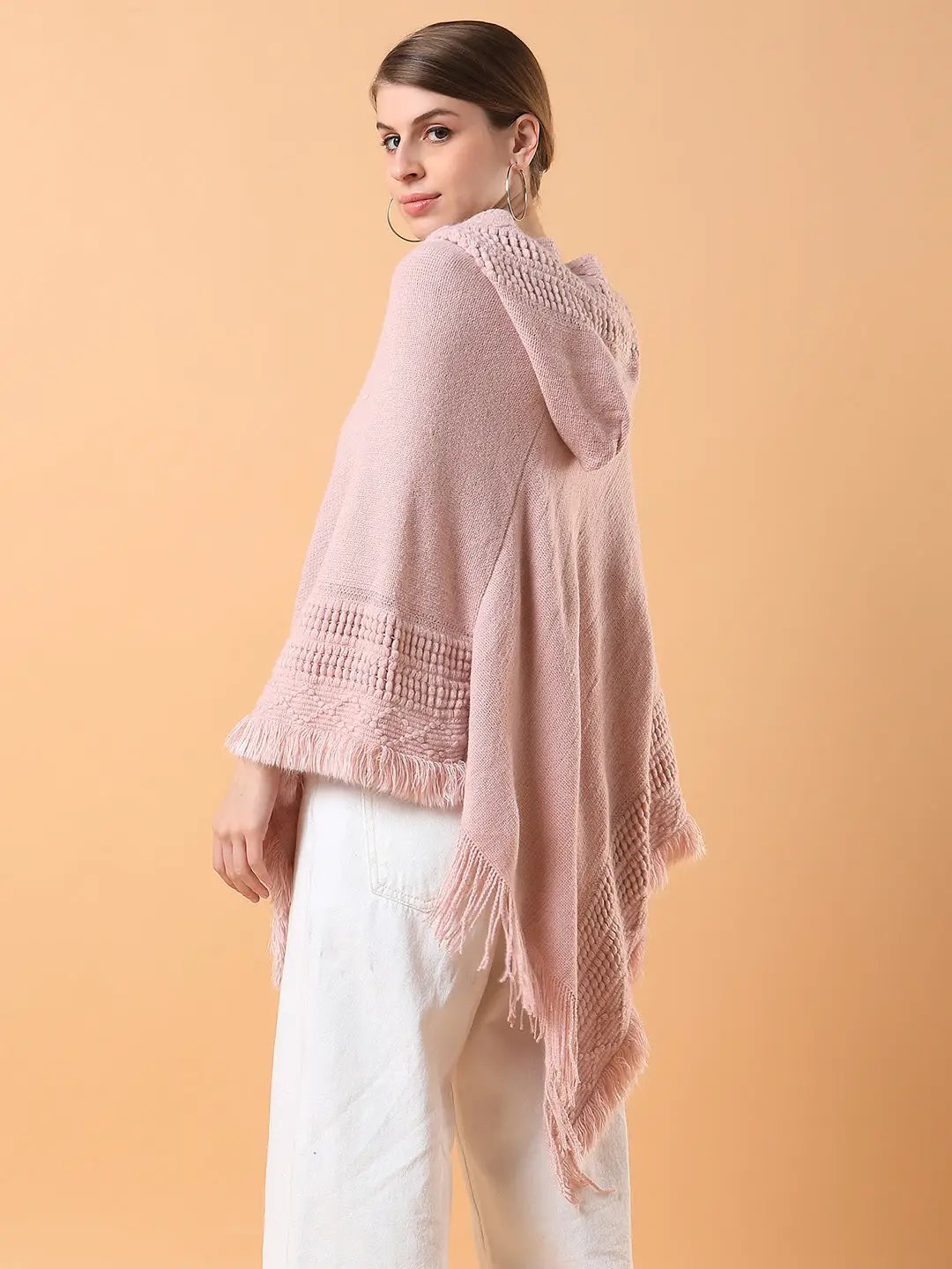 Women's Solid Peach Longline Poncho