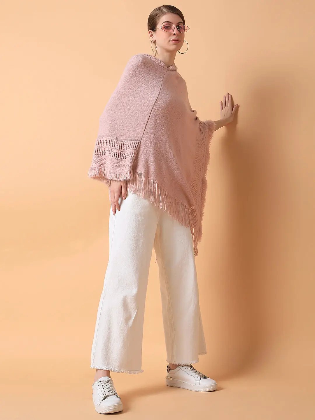 Women's Solid Peach Longline Poncho