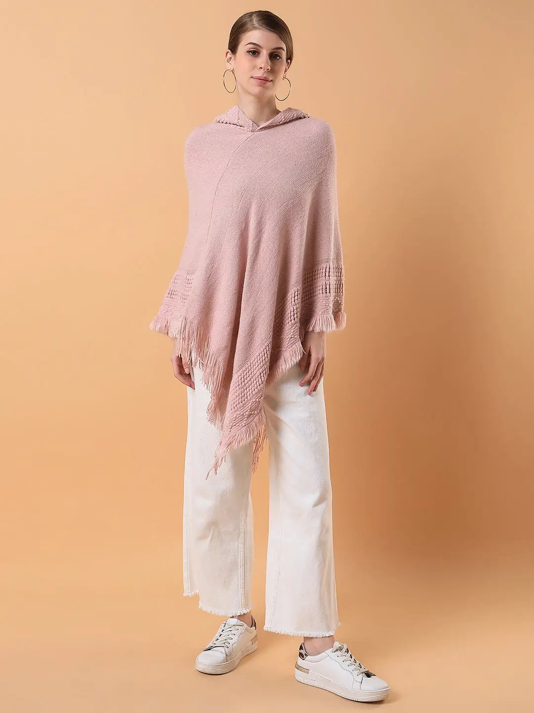 Women's Solid Peach Longline Poncho