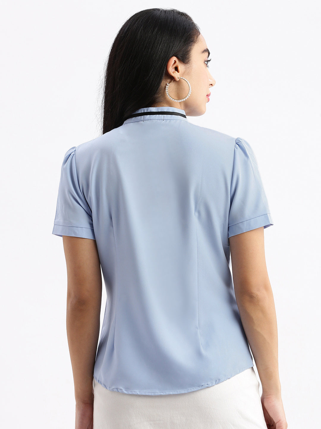 Women Solid Mandarin Collar Blue Slim Fit Shirt