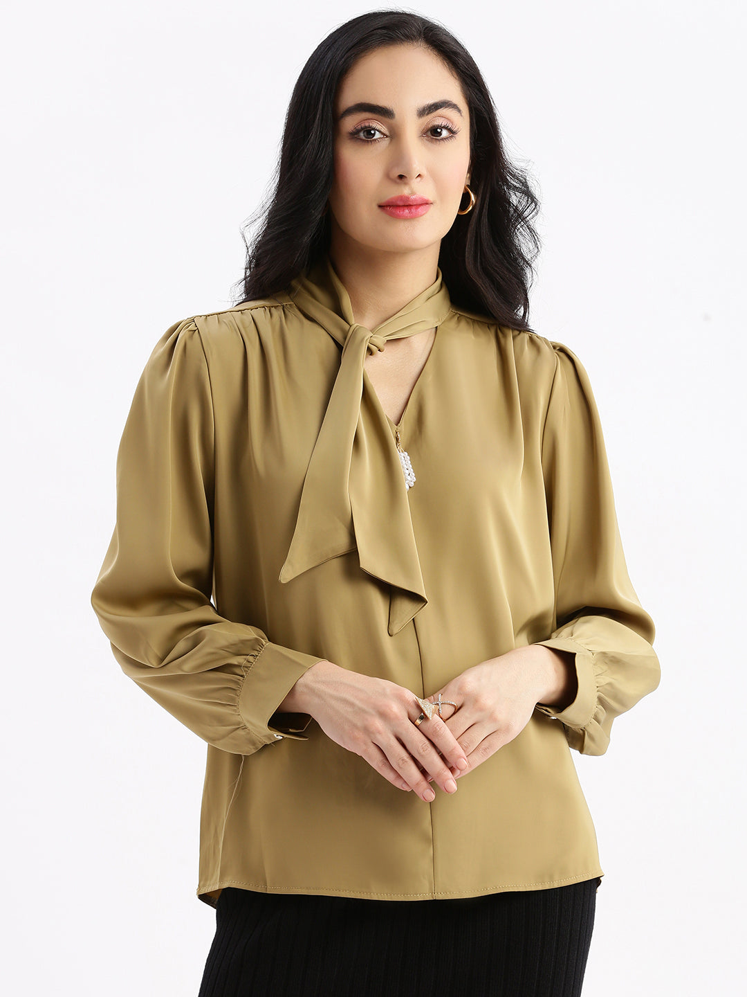 Women Solid Khaki Shirt Style Top