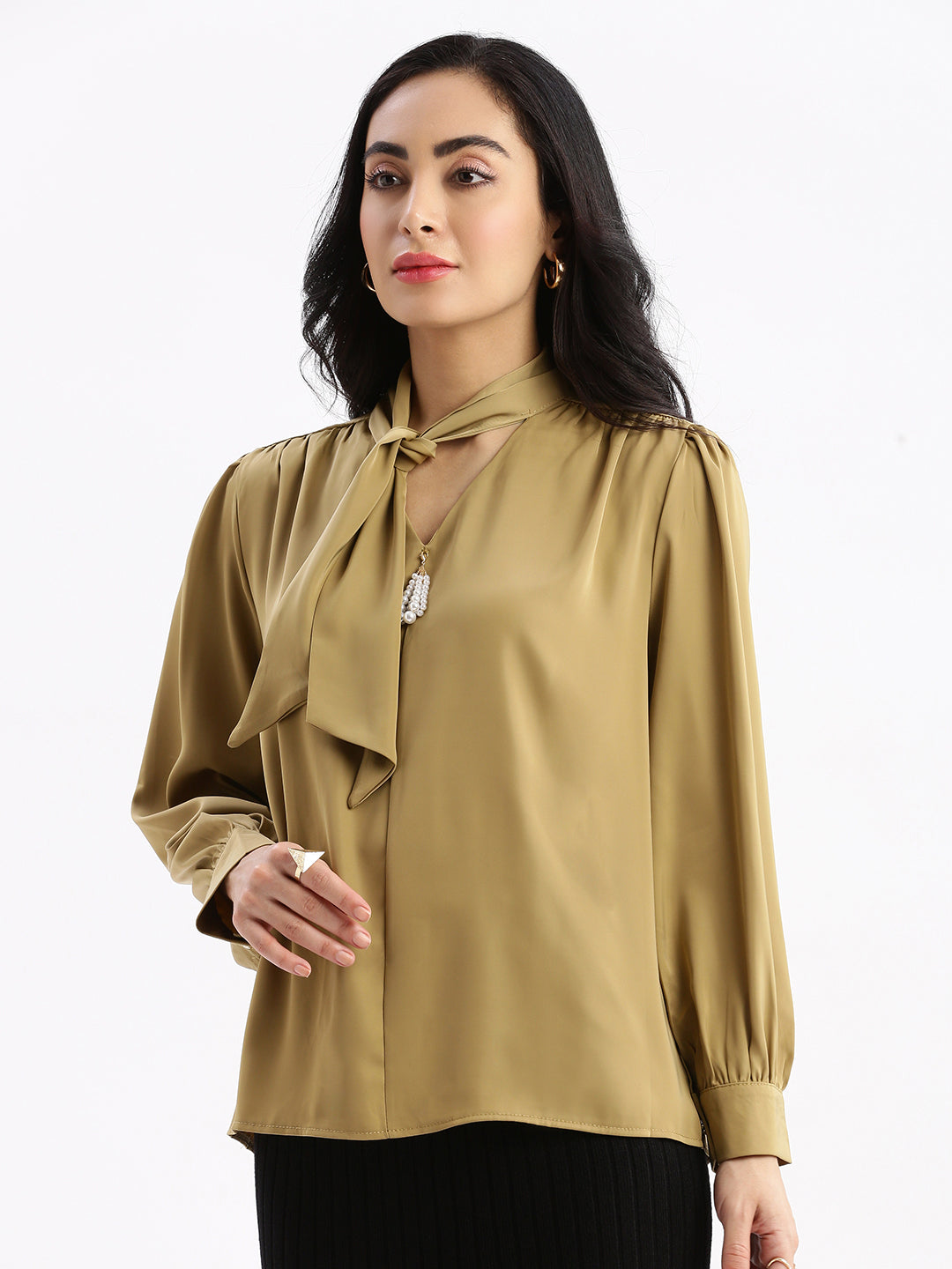 Women Solid Khaki Shirt Style Top