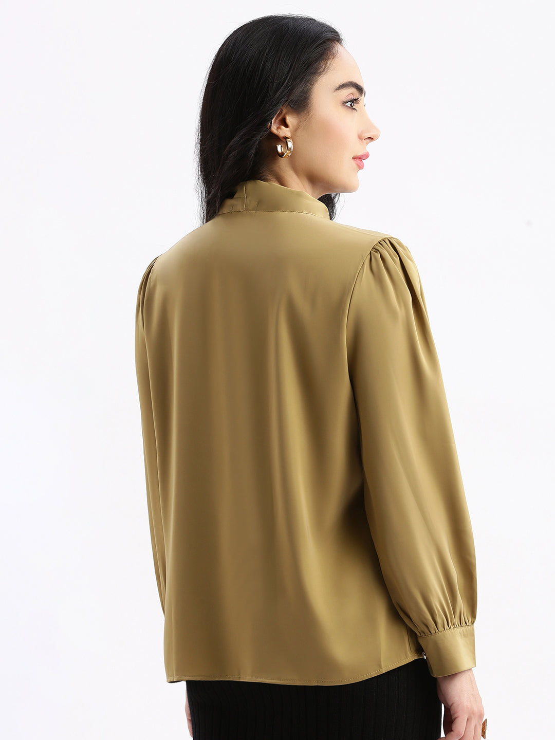 Women Solid Khaki Shirt Style Top