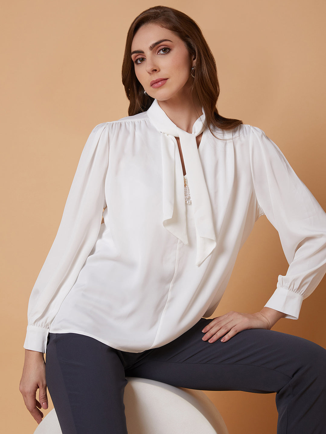 Women Solid White Shirt Style Top