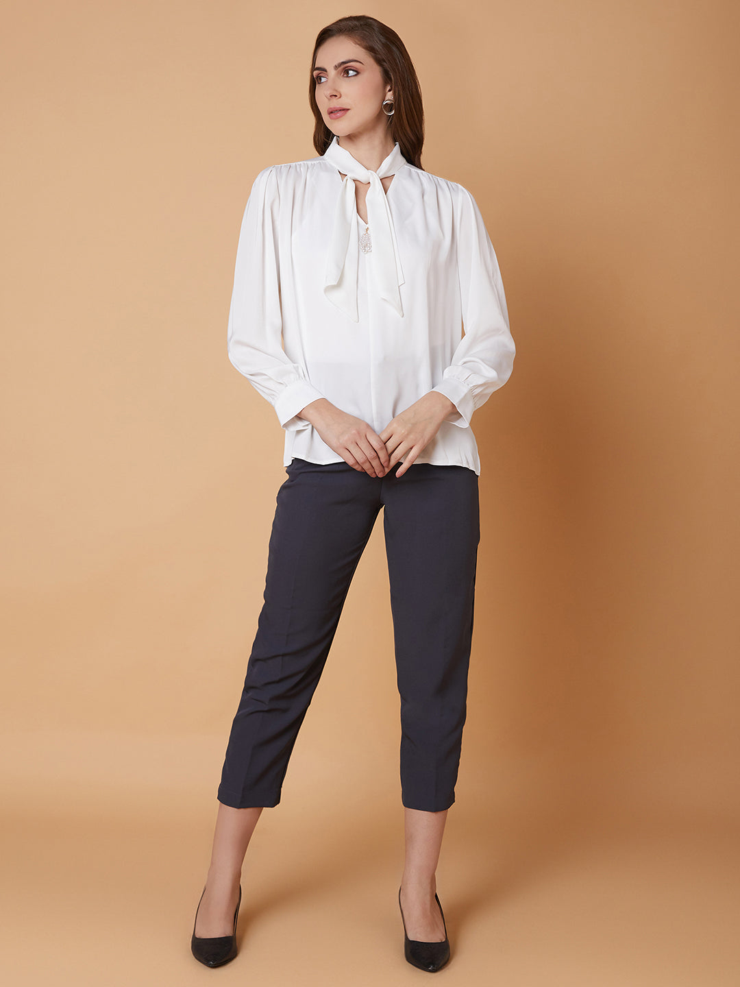 Women Solid White Shirt Style Top