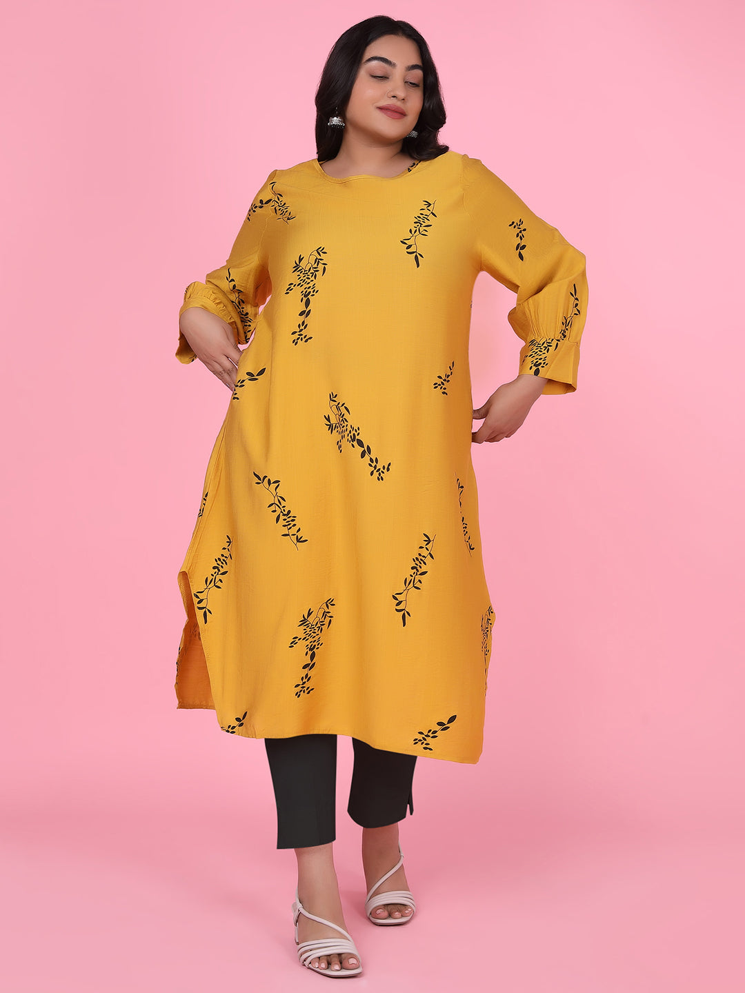 Women Floral Straight Mustard Kurta