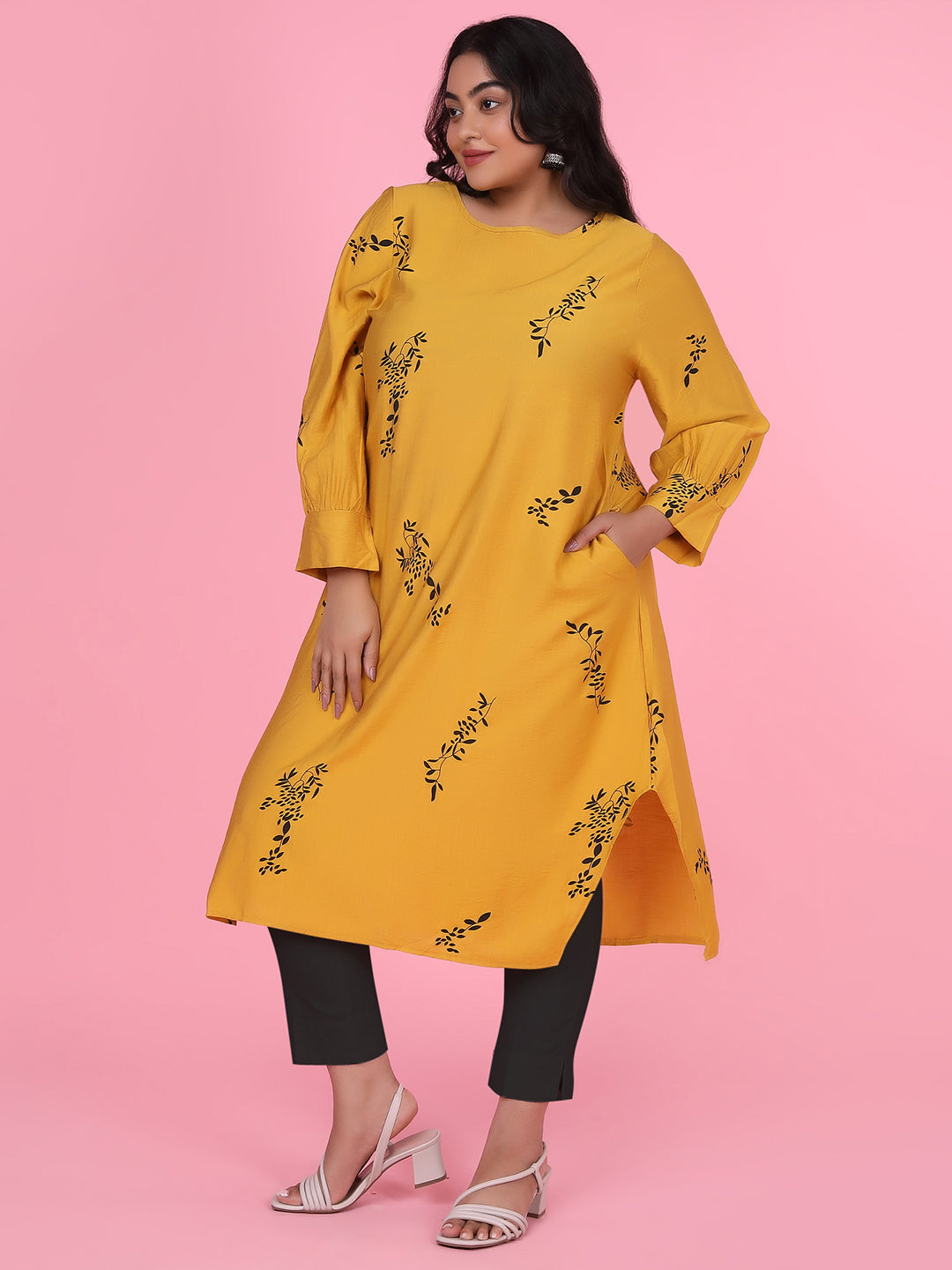 Women Floral Straight Mustard Kurta