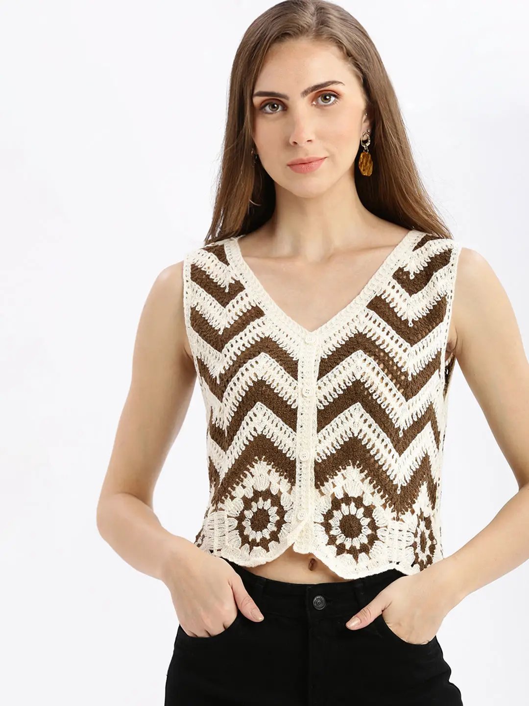 Women's Brown Solid Sheer Crop Top