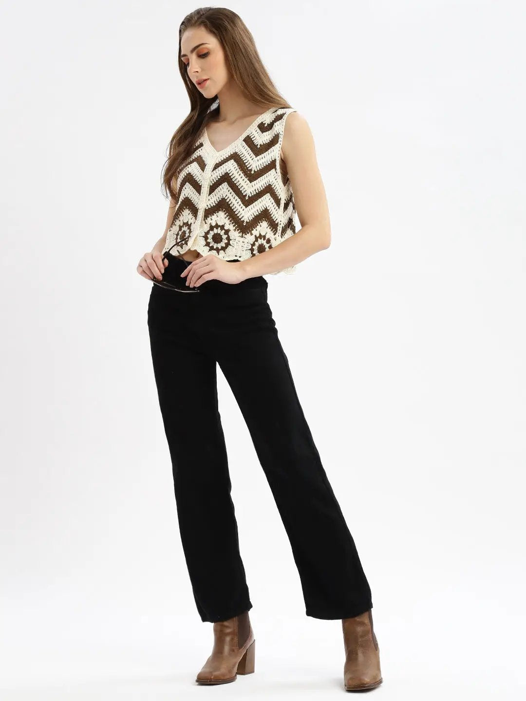 Women's Brown Solid Sheer Crop Top