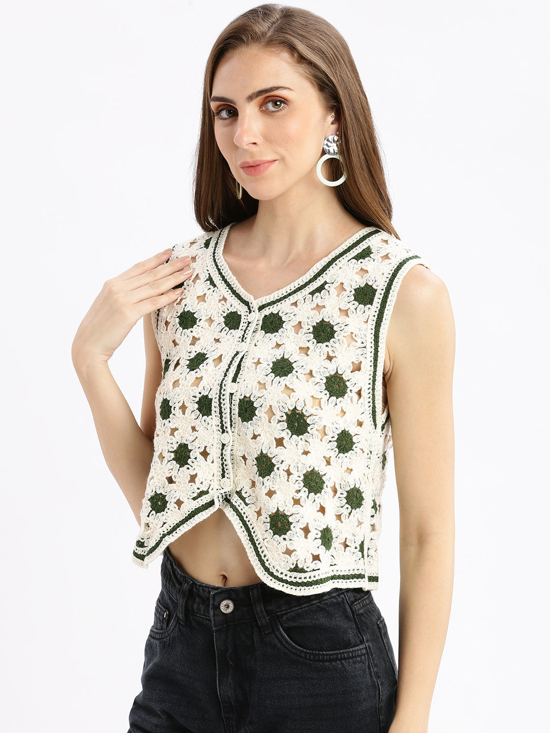 Women Cream Solid Sheer Crop Top