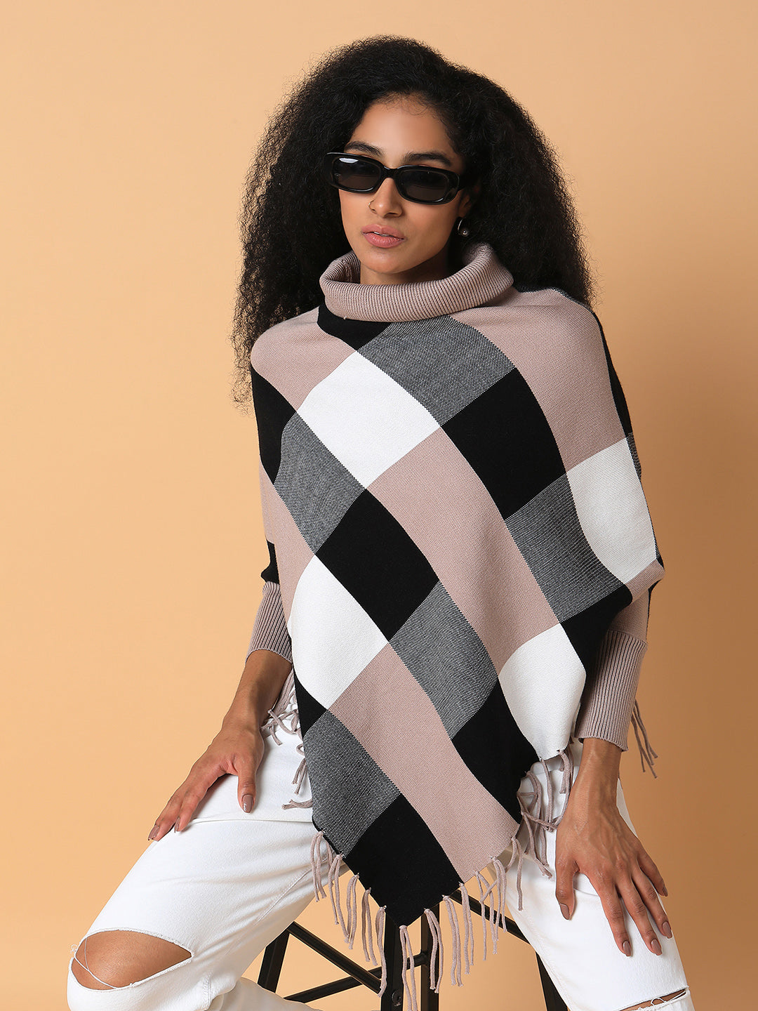 Women Checked Beige Longline Poncho