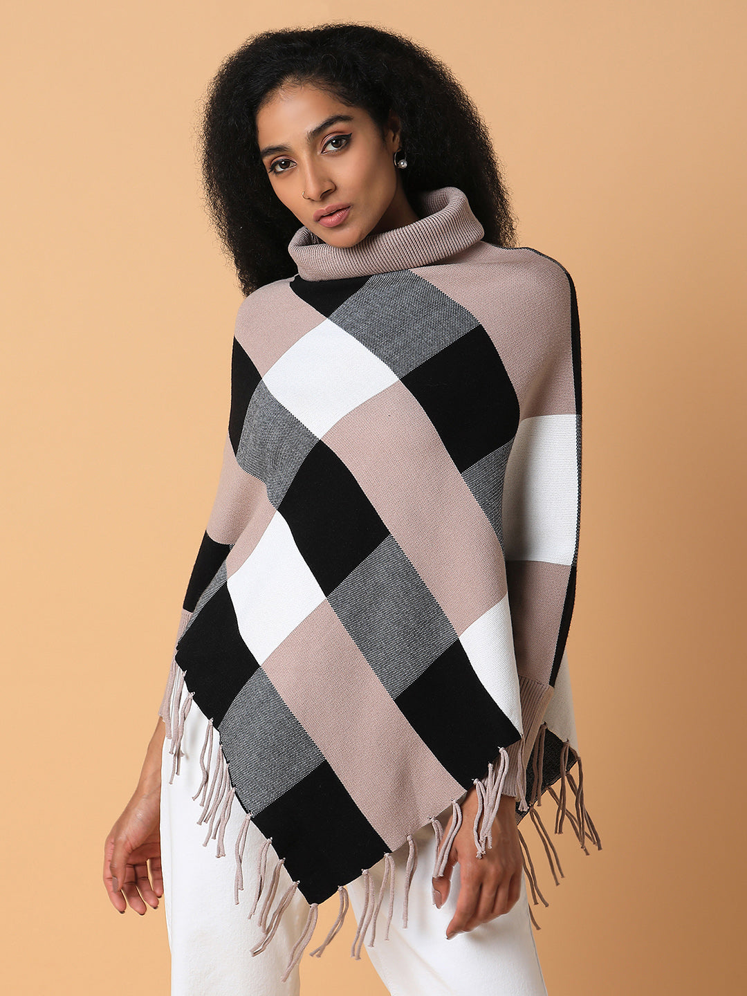 Women Checked Beige Longline Poncho