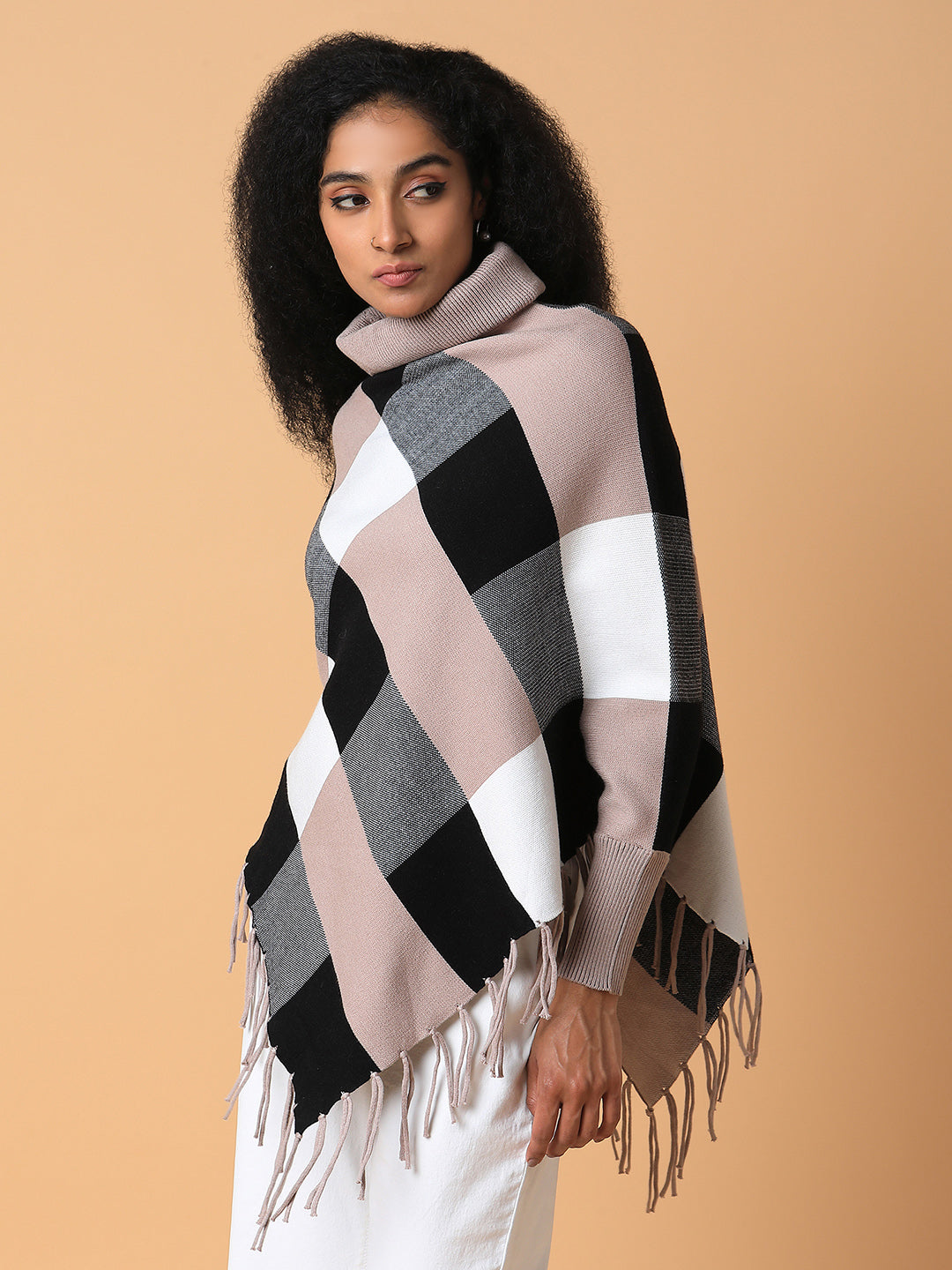 Women Checked Beige Longline Poncho