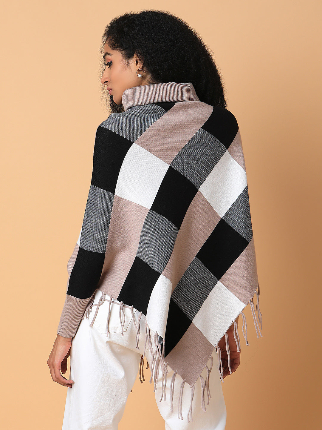 Women Checked Beige Longline Poncho