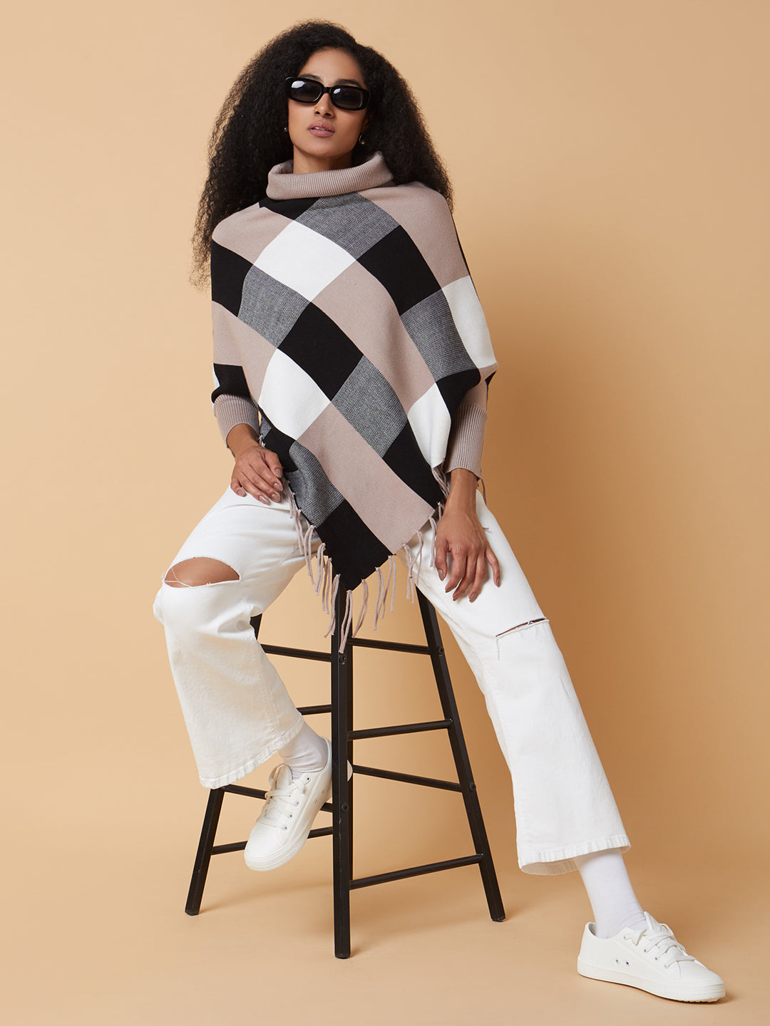 Women Checked Beige Longline Poncho