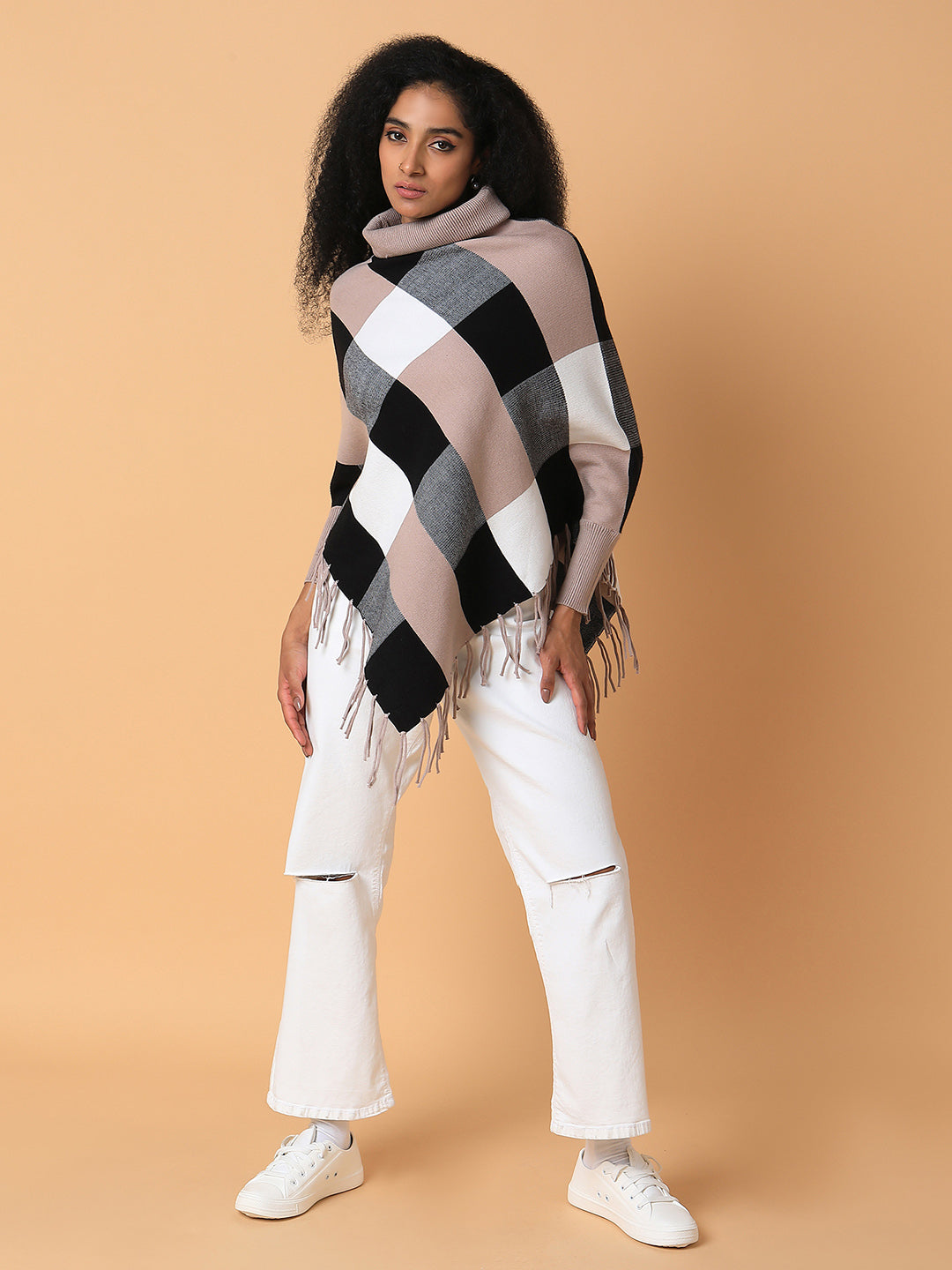 Women Checked Beige Longline Poncho