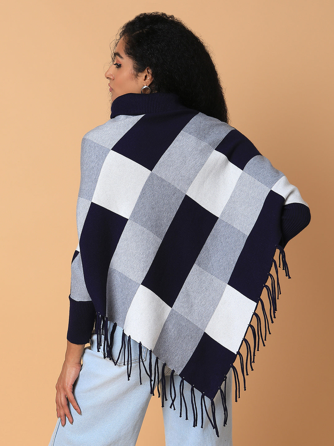 Women Checked Navy Blue Longline Poncho