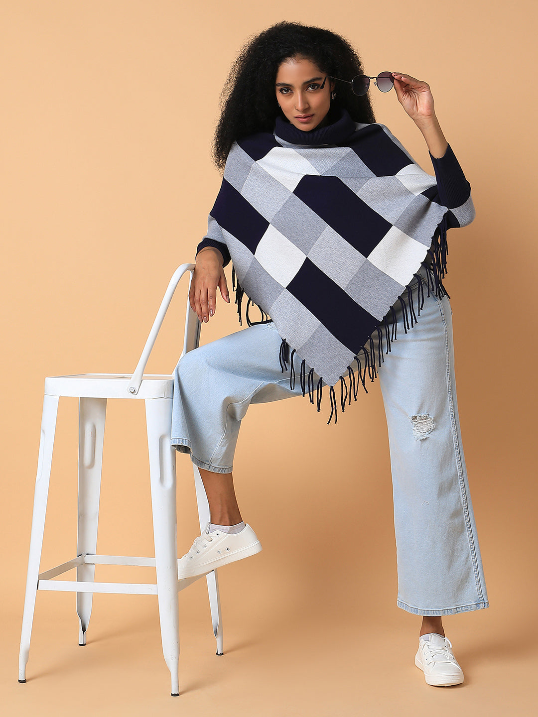 Women Checked Navy Blue Longline Poncho