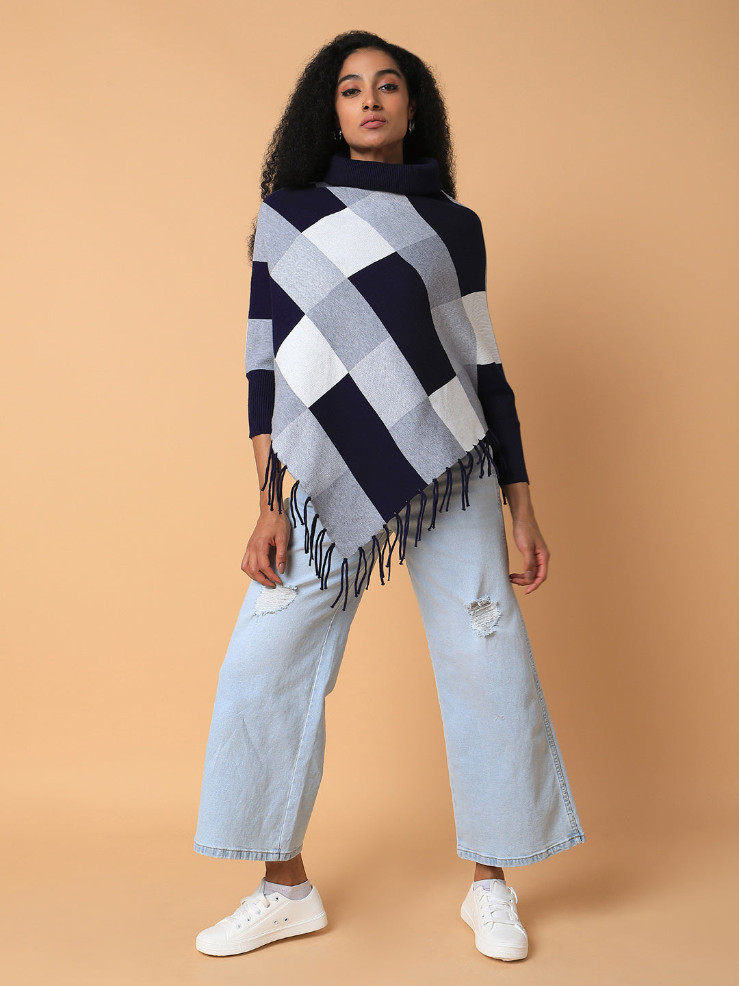 Women Checked Navy Blue Longline Poncho