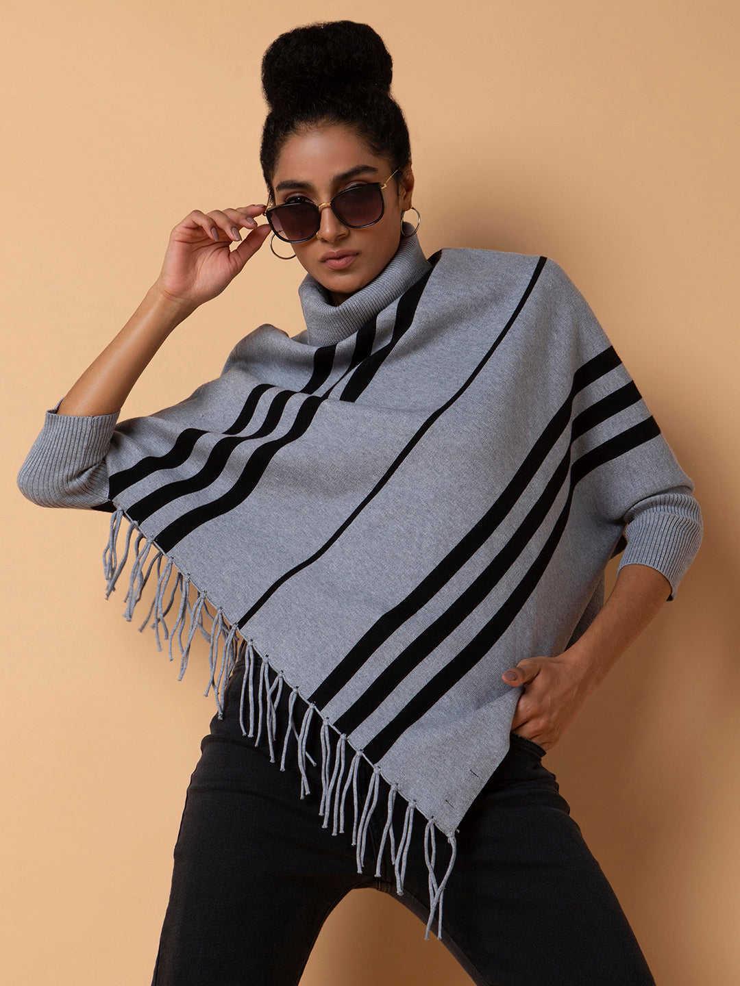 Women Striped Grey Longline Poncho