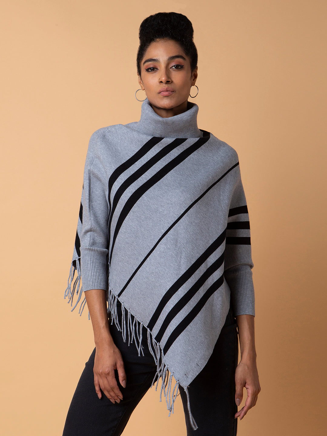 Women Striped Grey Longline Poncho