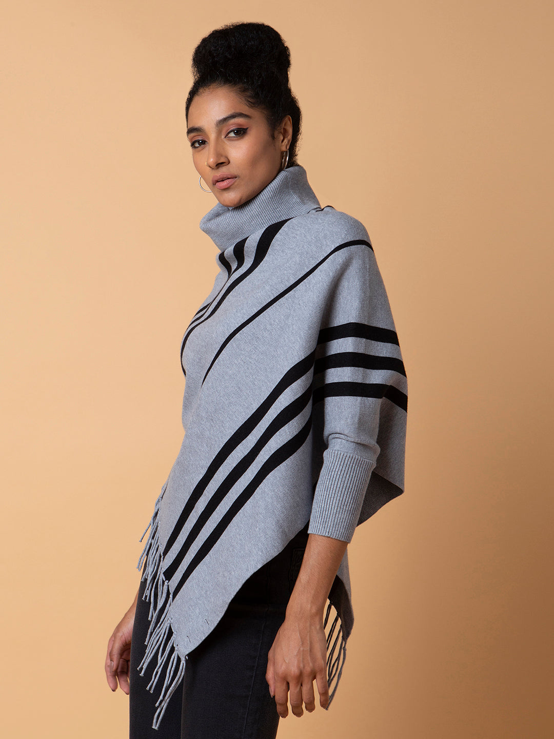 Women Striped Grey Longline Poncho