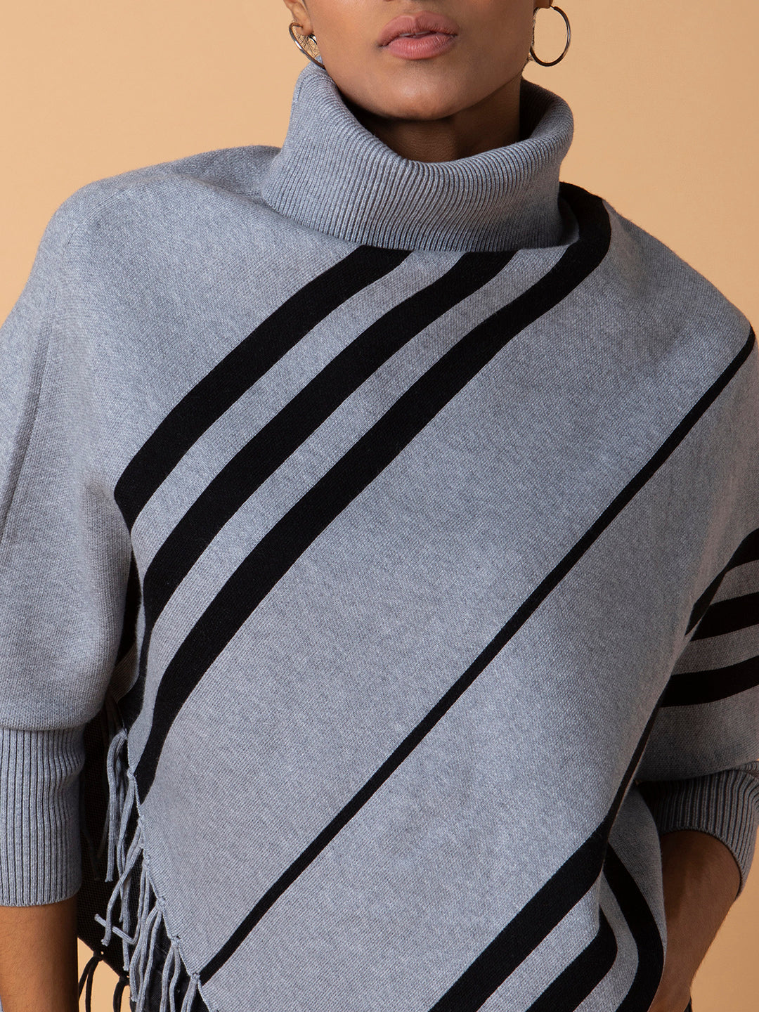 Women Striped Grey Longline Poncho