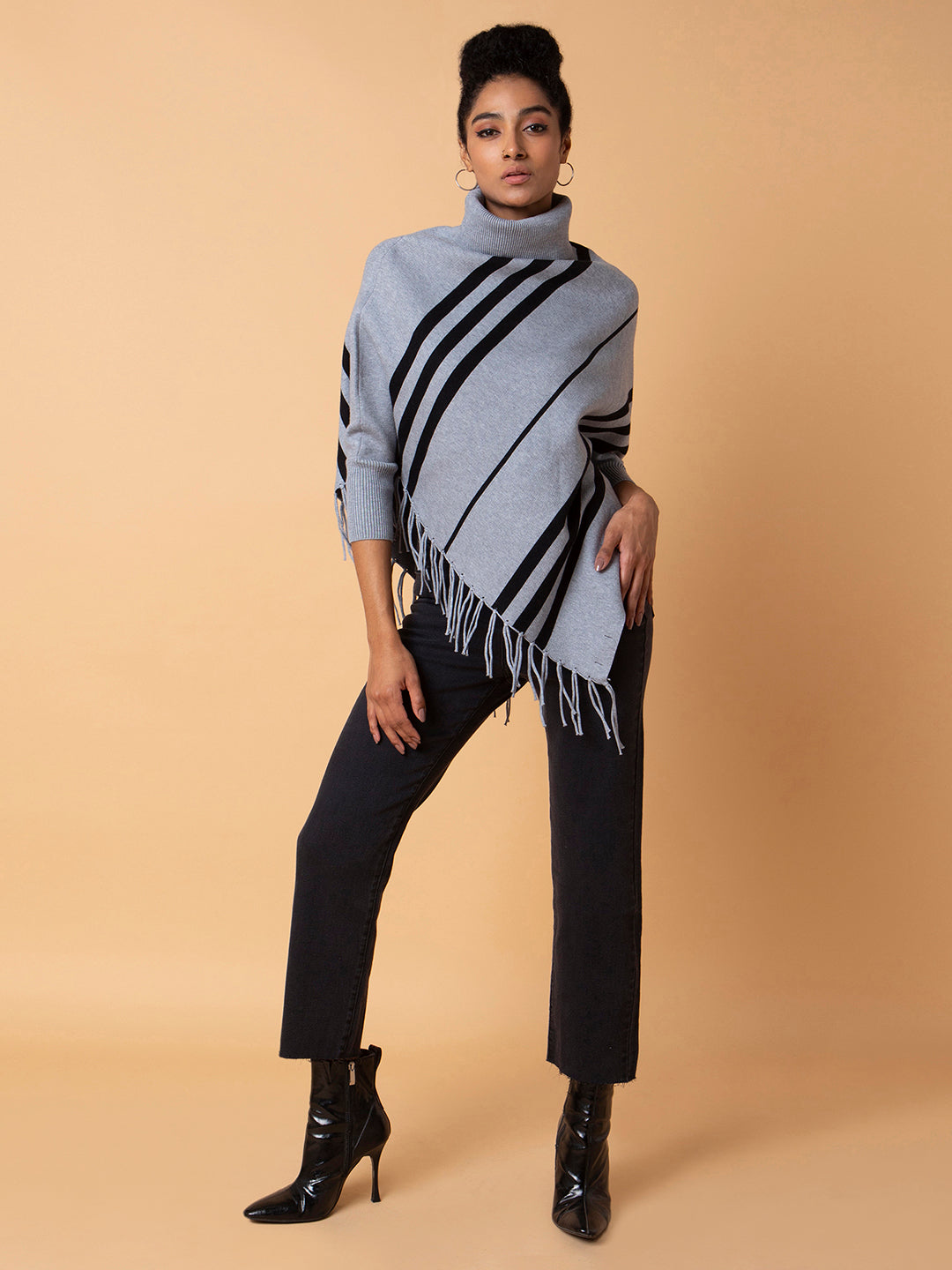 Women Striped Grey Longline Poncho