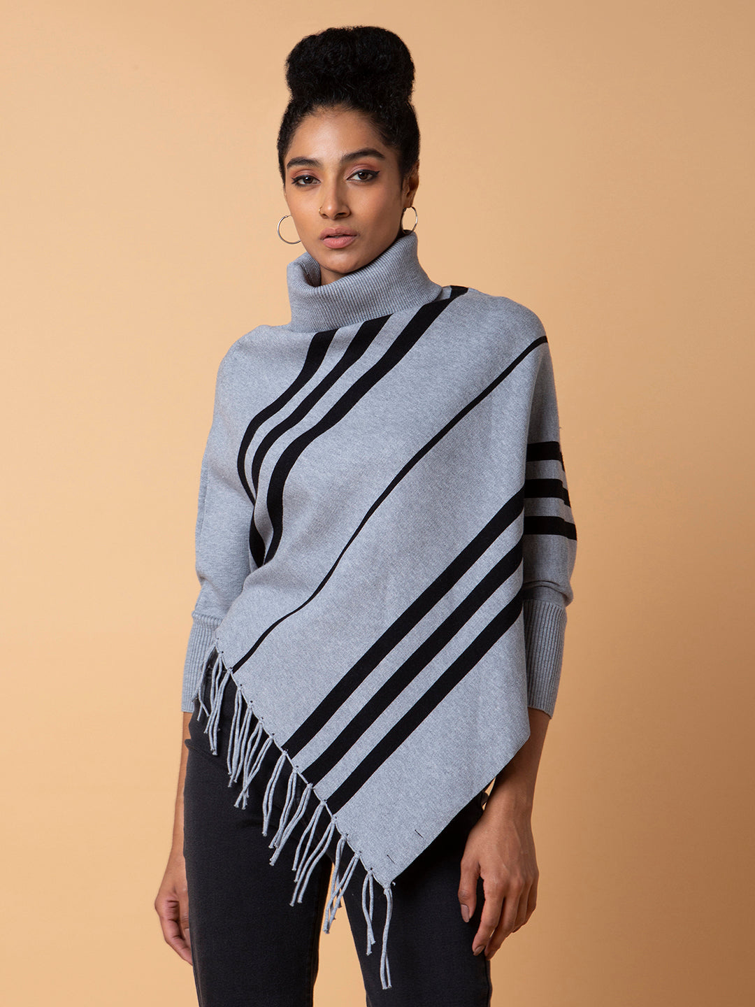 Women Striped Grey Longline Poncho