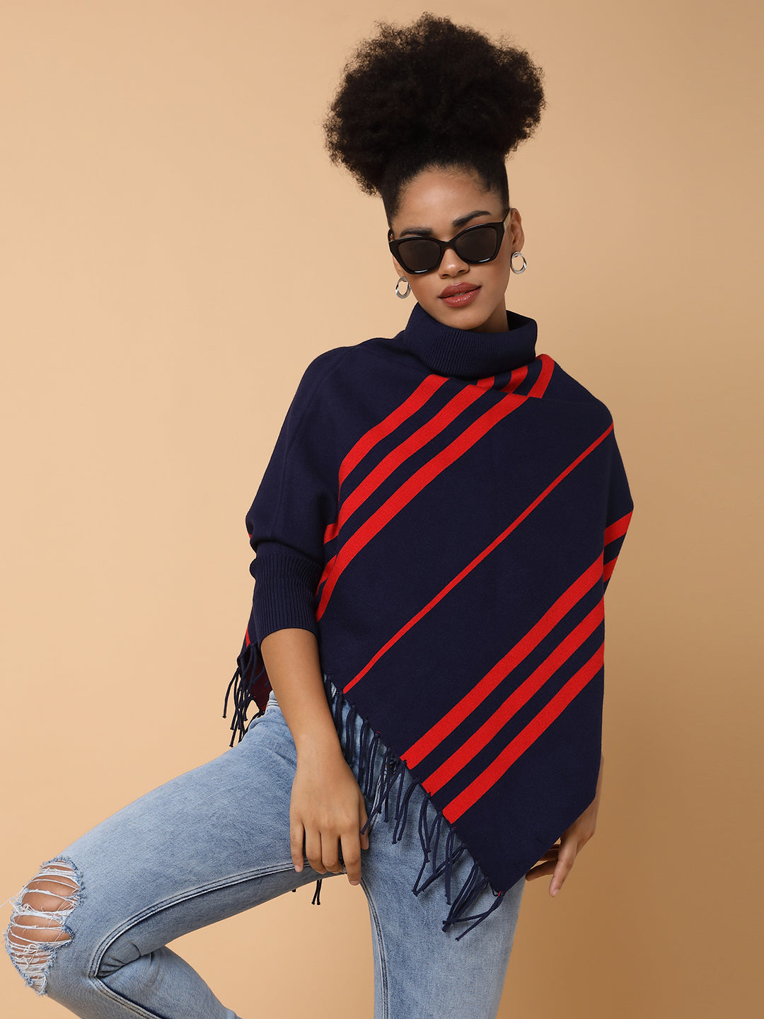 Women Striped Navy Blue Poncho