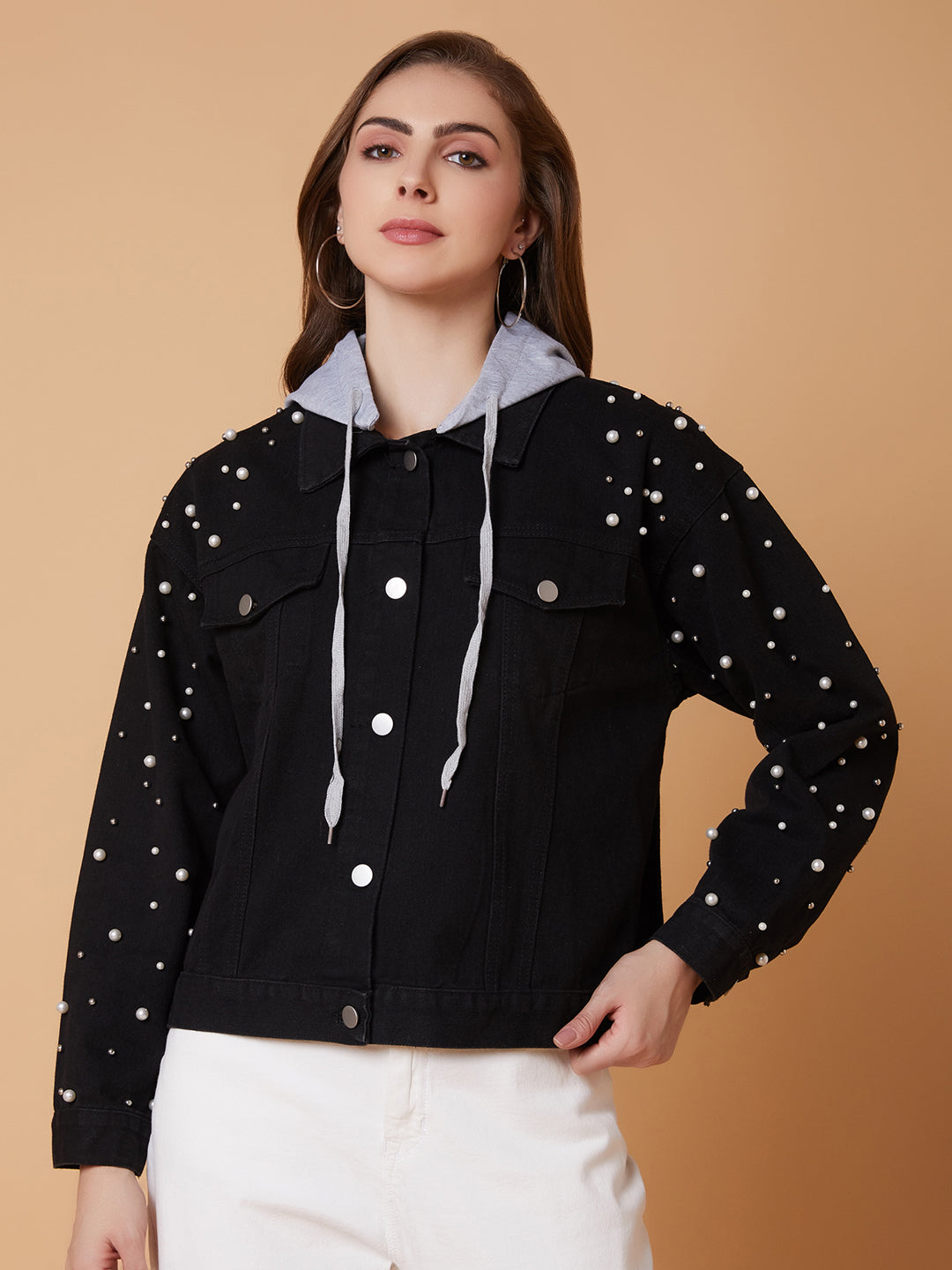 Women Detachable Hooded Black Denim Jacket