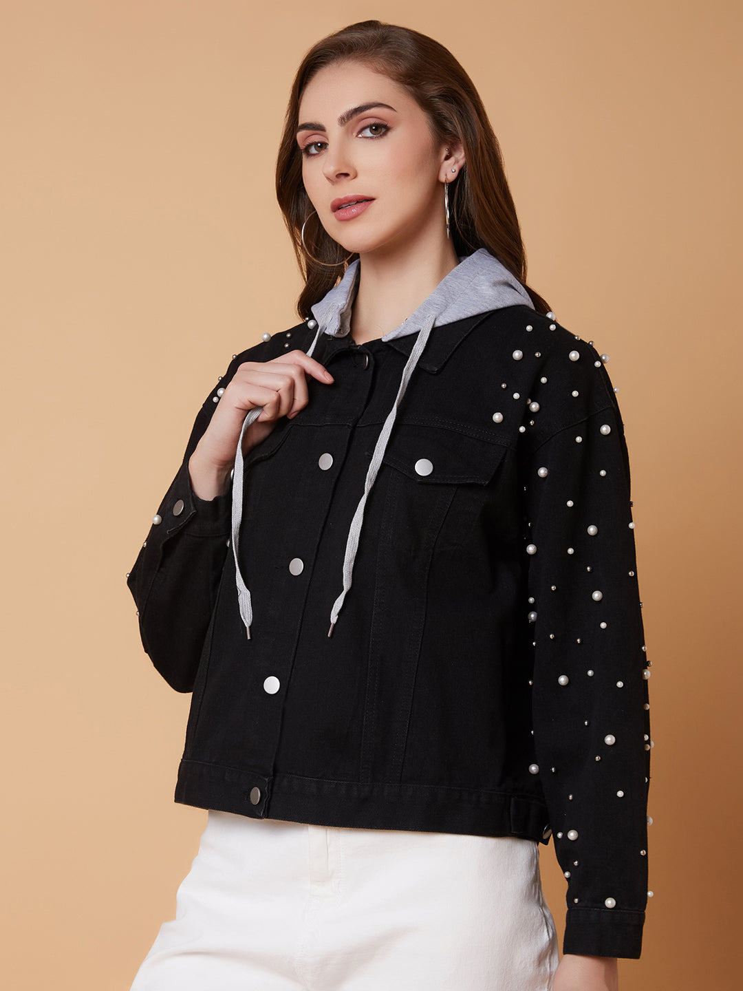 Women Detachable Hooded Black Denim Jacket