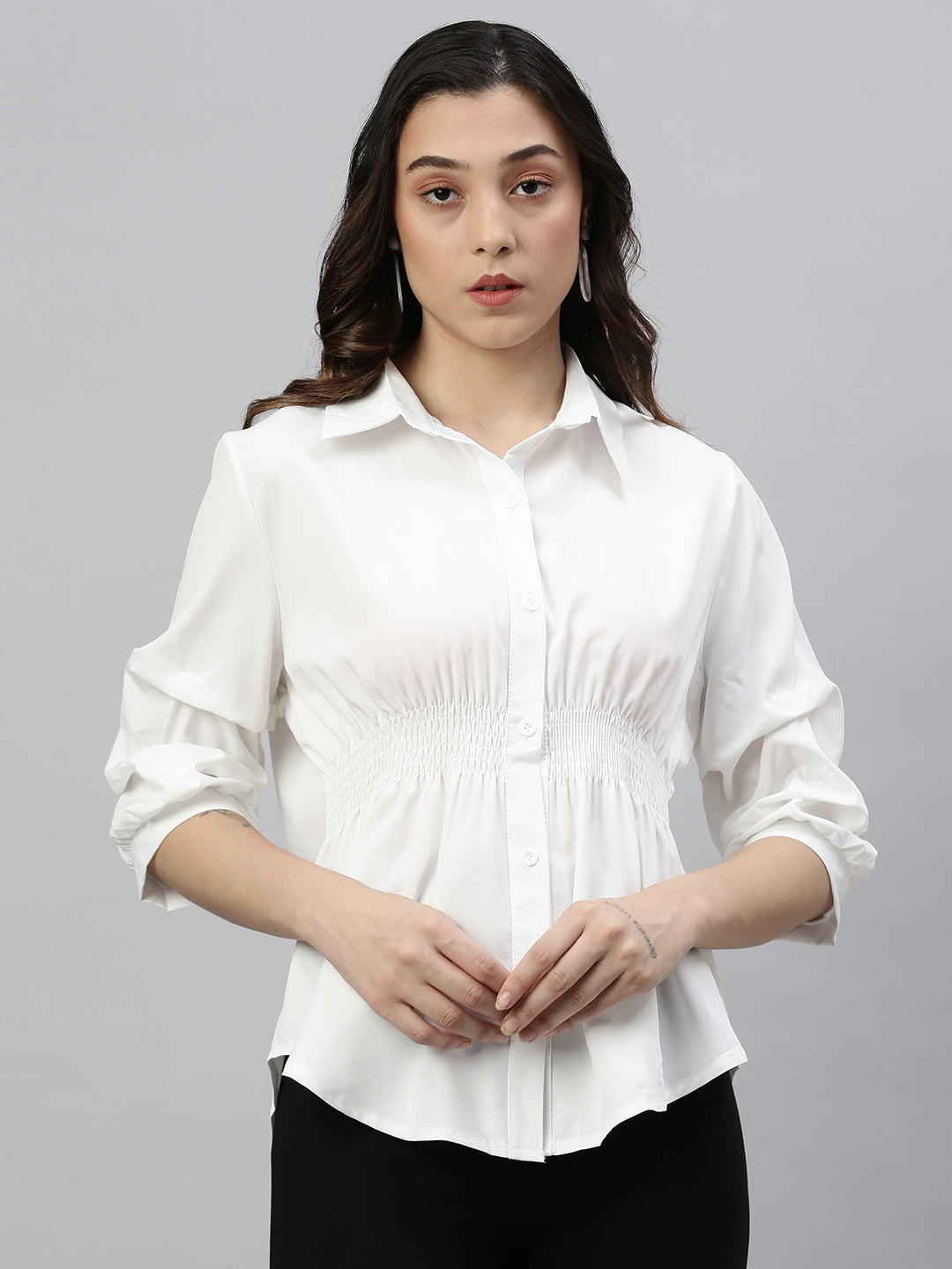 Women Solid White Cinched Waist Smocked Top