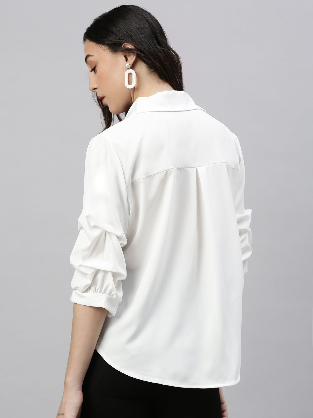 Women Solid White Cinched Waist Smocked Top