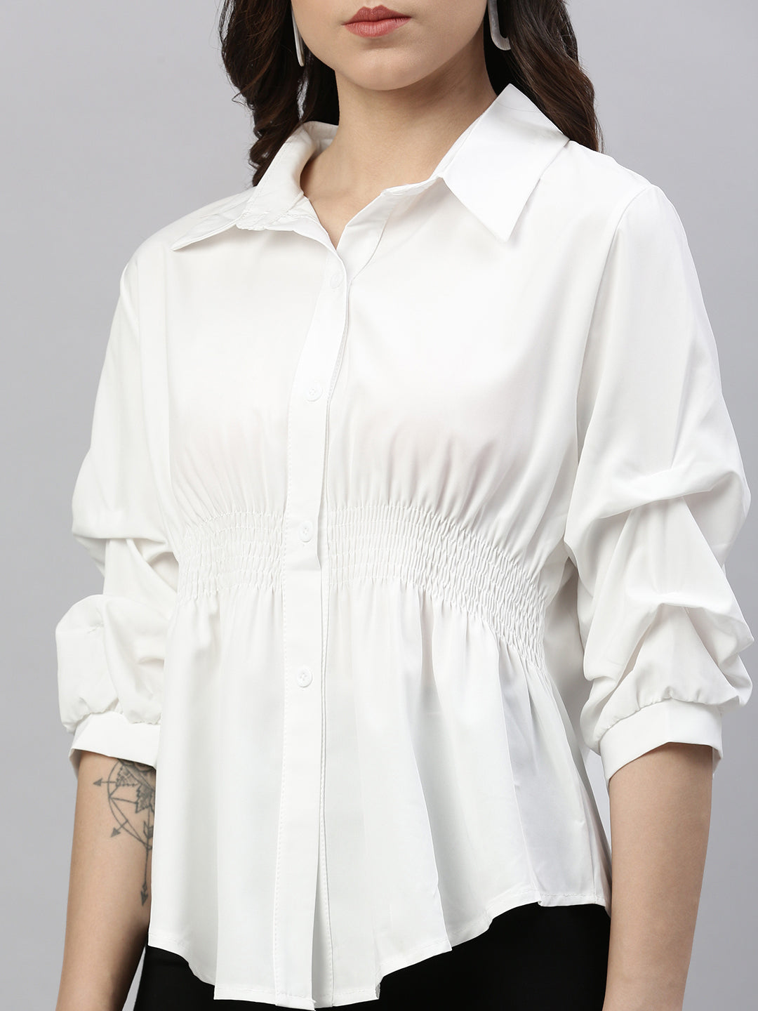 Women Solid White Cinched Waist Smocked Top